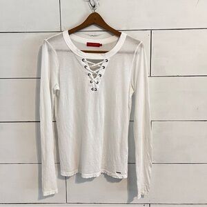 Philanthropy White Lace Up Front Distressed Long Sleeve Tee Shirt. Size Small